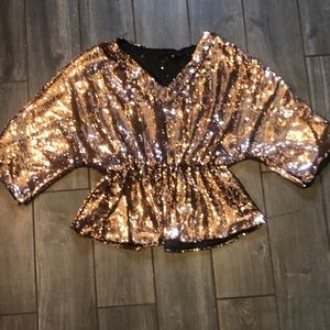 Sequined v-neck top with 3/4 sleeves and cinched bottom. Soft lining.
